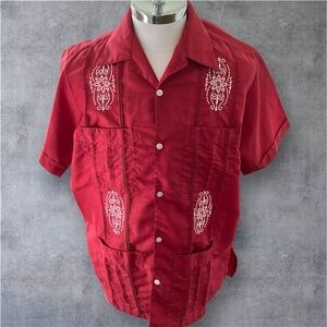 Guayabera Yucateca  Shirt Men Size 42 Short Sleeve  Maroon 4 Pocket Vintage